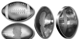 Canadian 2017 Coins Shaped Like Football Canadian 2017 $25 Silver Football Coin - reverse, obverse, and side views