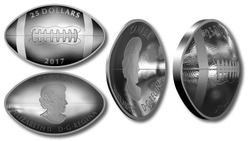 Canadian 2017 $25 Silver Football Coin - reverse, obverse, and side views