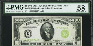 1934 $5,000 Note May Realize $140,000 at 2017 FUN Auction $5,000 1934 Federal Reserve Note