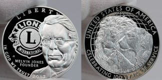 US Mint Sales: Lions Clubs Coin Top Weekly Seller 2017 Proof Lions Clubs International Centennial Silver Dollar - obverse and reverse