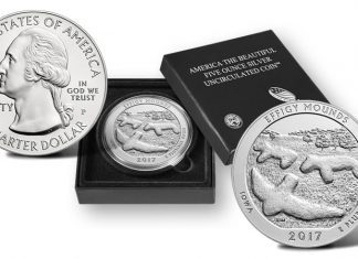 2017 Effigy Mounds 5 Oz Silver Uncirculated Coin Released 2017-P Effigy Mounds National Monument Five Ounce Silver Uncirculated Coin and Presentation Case