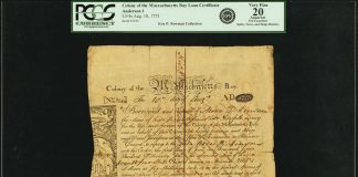 Heritage Offers Eric P. Newman Currency Rarities in May 3 Internet Auction 1775 Massachusetts Bay Colony 5 Pounds 4 Shillings Bond