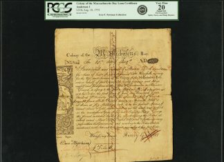 Heritage Offers Eric P. Newman Currency Rarities in May 3 Internet Auction 1775 Massachusetts Bay Colony 5 Pounds 4 Shillings Bond