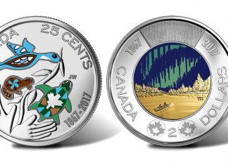 Canadian 150th Anniversary Coins Now in Circulation Canadian 2017 25c Color and $2 Glow-in-the-Dark Coins