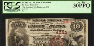 Stack’s Bowers US Currency Auction of ANA World’s Fair of Money 2017 Deadwood, South Dakota. $10 1882 Brown Back