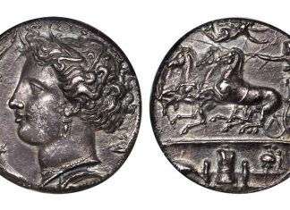 Stack’s Bowers World Coin, Ancient Coin and Currency Auctions of ANA World’s Fair of Money 2017 SICILY. Syracuse. Dionysios I, 406-367 B.C. AR Decadrachm