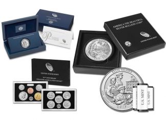Platinum Eagle, Ozark 5 Oz, Anniversary Set and Ellis Island Quarters for July and August U.S. Mint images of collector products for July and August