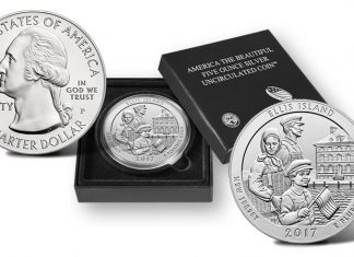 2017 Ellis Island 5 Oz Silver Uncirculated Coin Released 2017-P Ellis Island Five Ounce Silver Uncirculated Coin and Presentation Case