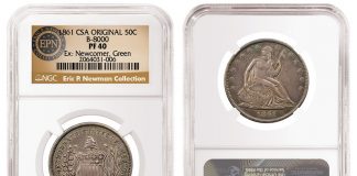 NGC Grades Eric P. Newman Collection, Part IX 1861_CSA_Original_50C_B-8000_PF40_Ex-Newcomer-Green_2064031-006_v2l