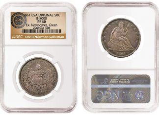 NGC Grades Eric P. Newman Collection, Part IX 1861_CSA_Original_50C_B-8000_PF40_Ex-Newcomer-Green_2064031-006_v2l