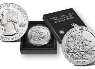 2017 George Rogers Clark 5 Oz Silver Uncirculated Coin Released 2017-P George Rogers Clark National Historical Park Five Ounce Silver Uncirculated Coin and Presentation Case