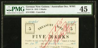 Heritage to Present World Banknote Rarities at January 2018 FUN Sale German New Guinea Australian Occupation WWI $5 note