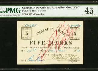Heritage to Present World Banknote Rarities at January 2018 FUN Sale German New Guinea Australian Occupation WWI $5 note