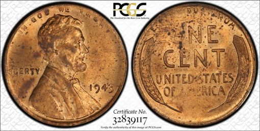 1943 Bronze Lincoln Cent PCGS MS63RD