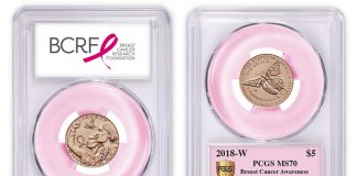 PCGS Supports Breast Cancer Research Foundation PCGS-graded 2018 $5 Breast Cancer Pink Gold Coin