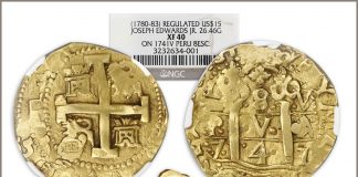 Gold Coins and Ingots Highlight May 15-16 Sedwick’s Treasure Auction #23 1741 Lima Mint gold 8-escudo piece