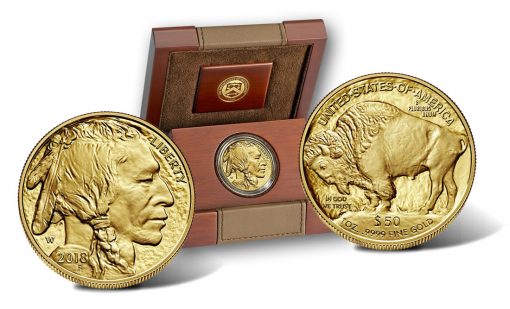 2018-W $50 Proof American Buffalo Gold Coin, Both Coin Sides and Case
