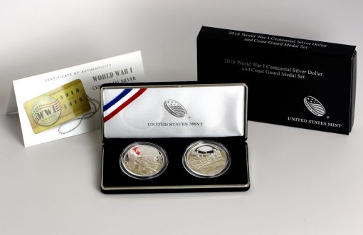 World War I Centennial 2018 Silver Dollar and Coast Guard Silver Medal, Certificate and Case