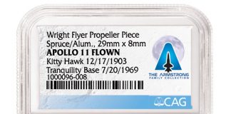 Collectibles Authentication Guaranty Launches; Certifies Armstrong Family Collection 1903 Wright Flyer Propeller Piece Apollo11 Flown Kitty Hawk 12-17-1903 and Tranquility Base 7-20-1969