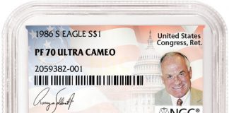Barry Goldwater Jr. to Autograph NGC Labels 1986 American Silver Eagle PF70 UltraCameo Goldwater Label
