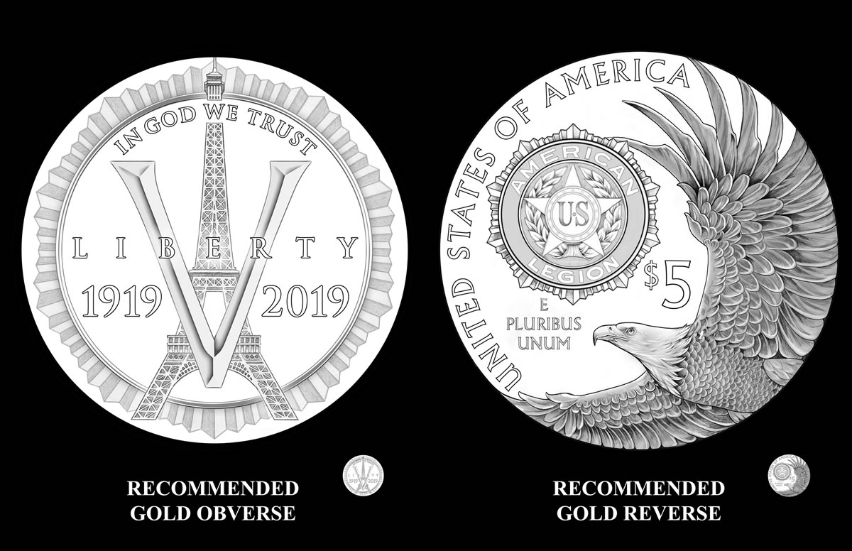 2019 $5 American Legion 100th Anniversary Gold Coin Designs - Obverse and R...