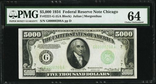Fr. 2221-G $5,000 1934 Federal Reserve Note. PMG Choice Uncirculated 64