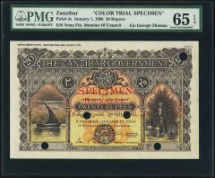 Zanzibar Zanzibar Government 20 Rupees 1.1.1908 Pick 4cts Color Trial Specimen