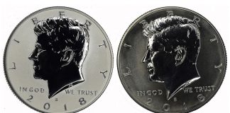 Light Finish 2018-S Silver Reverse Proof Set Halves Found 2018-S Reverse Proof-50c-normal and Light Finish 50c