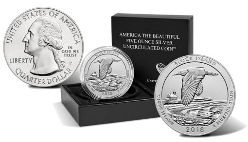 2018-P Block Island National Wildlife Refuge Uncirculated Five Ounce Silver Coin and Packaging