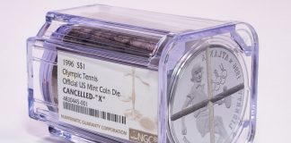 NGC Now Certifies and Encapsulates Canceled Dies NGC certified canceled coin die (1996-S $1 Olympic Tennis)