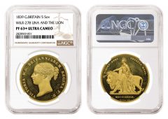 1839 Una and the Lion Gold Five Sovereign Graded NGC PF 63 Plus Ultra Cameo