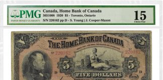 PMG Certifies Extremely Rare 1920 Home of Bank of Canada $5 Note 1920 $5 Home Bank Canada - obv