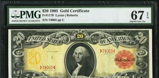Heritage Auctions Currency Tops $44 Million in Annual Sales Fr. 1179 $20 1905 Gold Certificate PMG Superb Gem Unc 67 EPQ