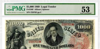 PMG Grades Trio of Million-Dollar Banknotes 1869 $1,000 Rainbow Legal Tender Note