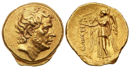 196 BC gold Stater depicts T. Quinctius Flamininus