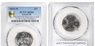 PCGS First Discovery 2019-W Lowell Quarter in GreatCollections Auction First Discovery 2019-W Lowell Quarter graded PCGS MS66