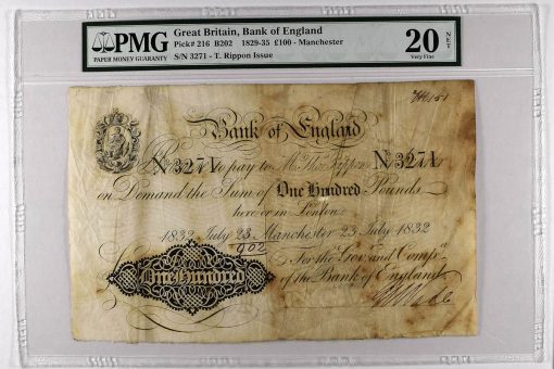 1829-35 £100 - Manchester, graded PMG 20 Very Fine NET