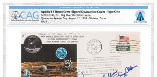CAG-Certified Artifacts Top $2.3 Million In Second Armstrong Family Collection Sale 1969 Apollo 11 Flown Crew-Signed Quarantine Cover - Type One