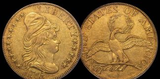 Legend’s 33rd Regency Auction Held June 27 in Las Vegas $5 1795 Small Eagle. PCGS AU55 CAC