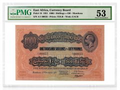 1921 1,000 Shillings or 50 Pounds, Pick #18, graded PMG 53 About Uncirculated