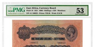 PMG Certifies Three Rare East African Currency Board Notes 1921 1,000 Shillings or 50 Pounds, Pick #18, graded PMG 53 About Uncirculated
