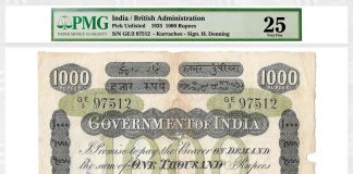 PMG Certifies 1925 India 1,000 Rupees ‘Discovery Note’ at Hong Kong Grading Event 1925 British India 1000 Rupees Note Graded PMG 25 Very Fine