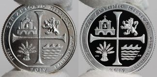 San Antonio Missions Quarter for Texas in Three-Coin Set 2019-P Uncirculated and Proof San Antonio Missions National Historical Park quarters