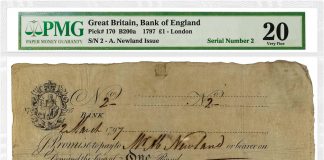 PMG Certified Over 200 English Banknotes For Manzi Collection Sale, Part II 1797 Great Britain 1 Pound Bank of England SN 2 A Newland Issue