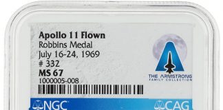 Neil Armstrong’s Apollo 11 Quarantine Suit Featured in Heritage’s Space Exploration Auction Apollo 11 Flown MS67 NGC Sterling Silver Robbins Medallion, Serial Number 332