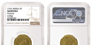 NGC-Certified 1701 Russian 2 Ducat Tops $480,000 in SINCONA Swiss Auction Russia 1701 2 Ducats graded NGC AU Details