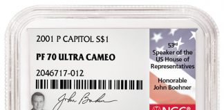 Former House Speaker Boehner To Autograph NGC Labels 2001-P Capitol Silver Dollar PF 70 Ultra Cameo Boehner Hand-Signed