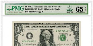PMG Celebrating 15th Anniversary 1988A $1 Federal Reserve Note New York, graded PMG Gem Uncirculated 65 EPQ