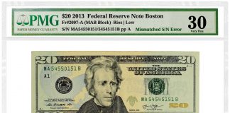 PMG Certifies $20 Note With Mismatched Serial Number 2013 $20 Federal Reserve Note Boston Mismatched Serial Number