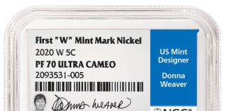Coin Designer and Sculptor Donna Weaver Autographing NGC Labels Weaver-Signed NGC Label for 2020-W Nickel